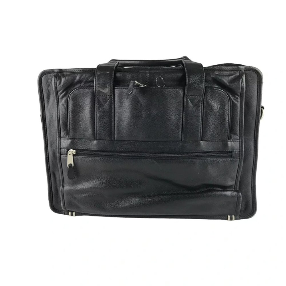 Ili Unisex Black Leather Inner Zip Pockets‎ Top Handle Briefcase Document Case